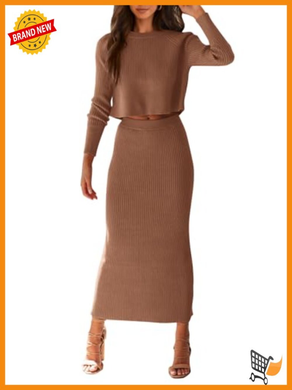 Women's 2 Piece Sweater Set Rib Knit Crop Top Maxi Bodycon Skirt